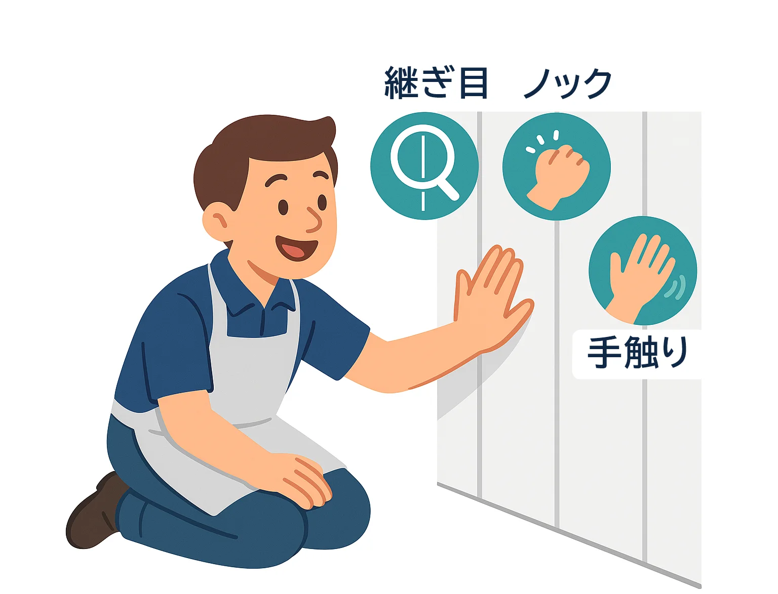 プリント合板の壁を見分ける3つのチェック方法(継ぎ目・ノック・手触り)のイラスト