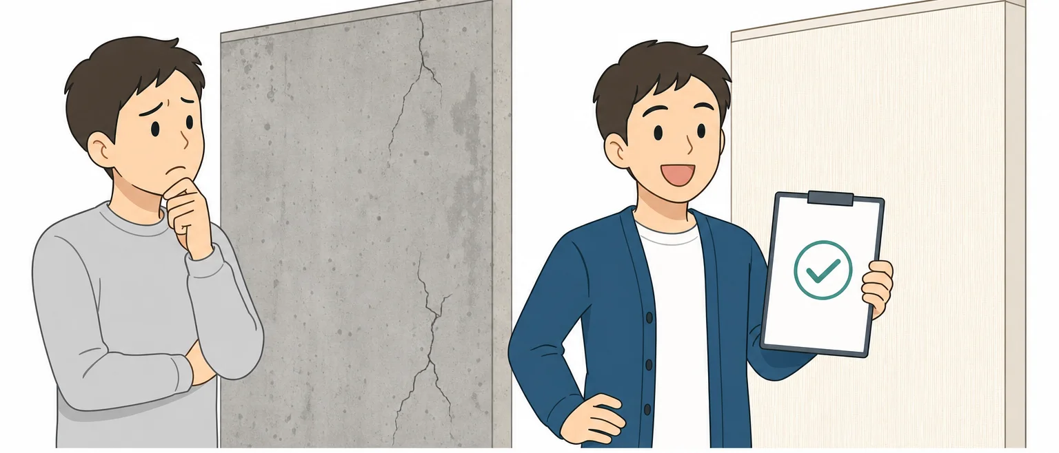 コンクリート壁を前に不安そうな人と、見積書を手に安心した人を対比したイメージ