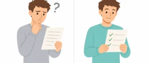 見積書を前に不安そうな人と、チェックポイントを確認して安心した人を対比したイメージ