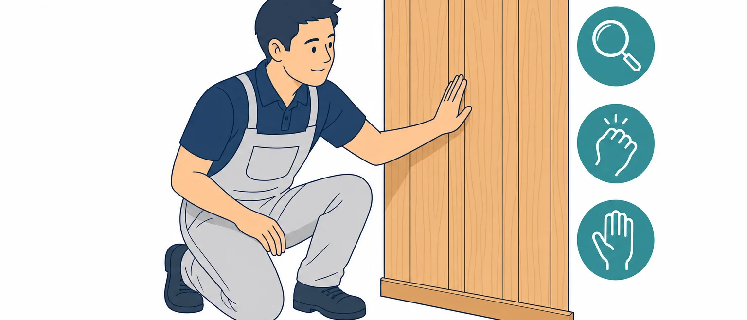 プリント合板の壁を見分ける3つのチェック方法(継ぎ目・ノック・手触り)のイラスト