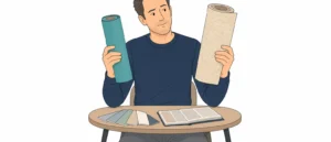 量産クロスとラウファーザーの見本を両手に持ち、どちらにするか見比べている人