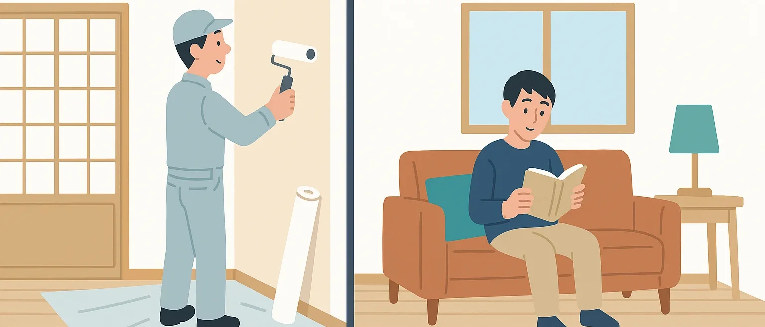 壁紙張り替え中の部屋と、隣で普段通り過ごす家族を並べたイラスト