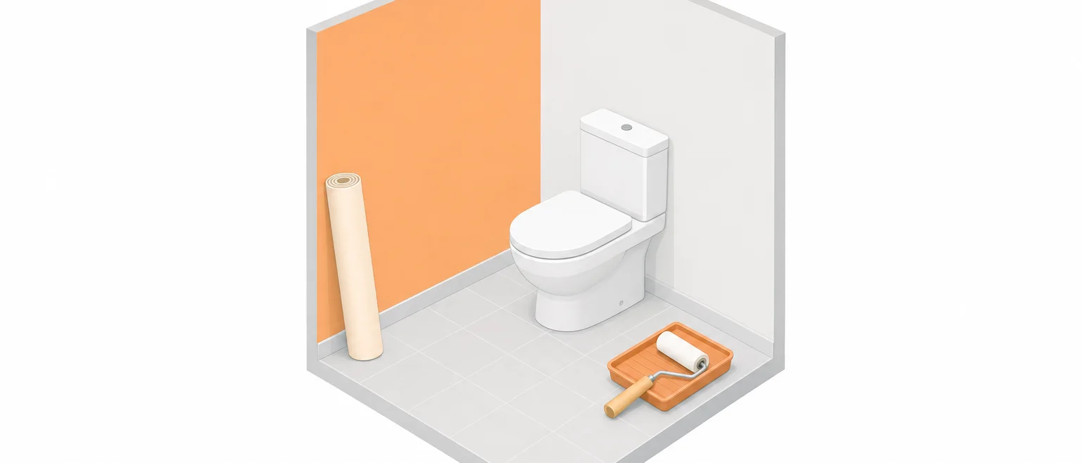トイレの狭い空間の中にクロスのロールとローラーが並び、材料費と施工費の2つで費用が構成されることを示すイラスト