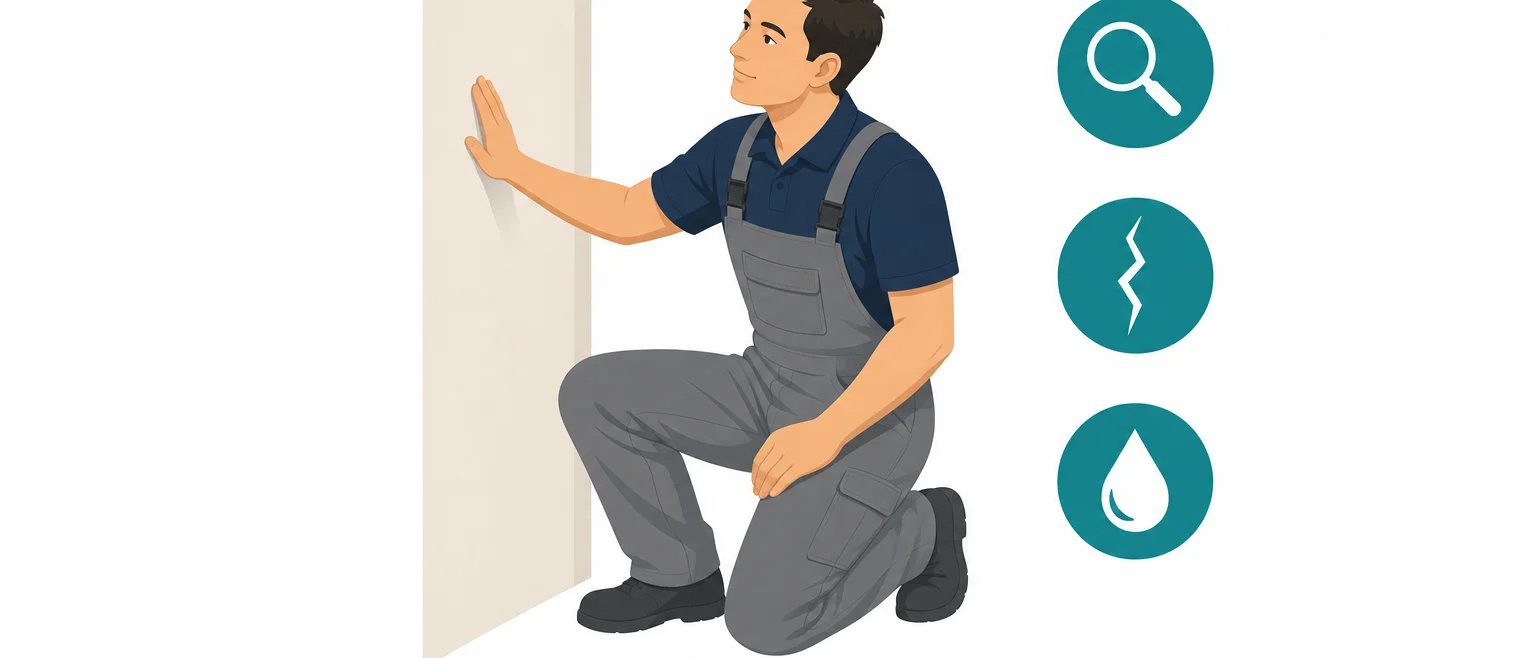 職人がトイレの壁の下地状態を手で確認している様子を示すイラスト
