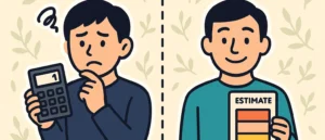壁紙の単価だけで計算して不安そうな人と、内訳の見積もりを見て安心した人を対比したイラスト