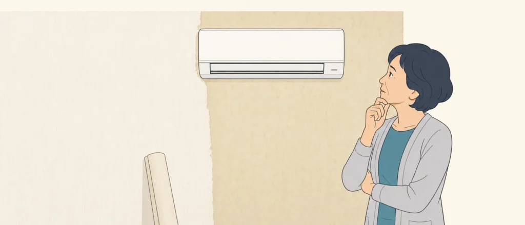 エアコンが付いた壁の前で、外すか外さないか考える女性。壁は片側が新しい壁紙、エアコンの周りは古い壁紙が残っている
