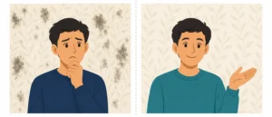 壁紙のカビに不安そうな人と、下地まで確認して安心した人を対比したイメージ