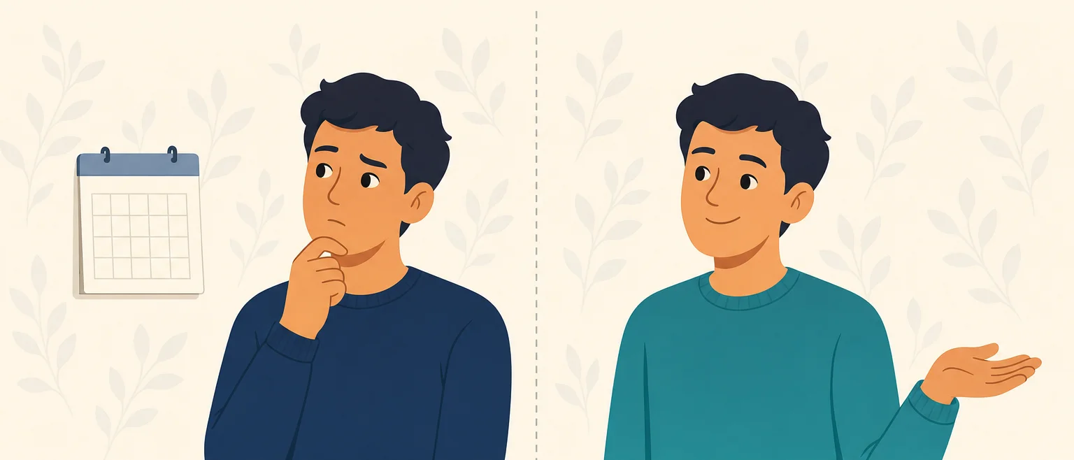 壁紙の張り替え時期に迷う人と、季節を気にせず落ち着いて構える人を対比したイラスト
