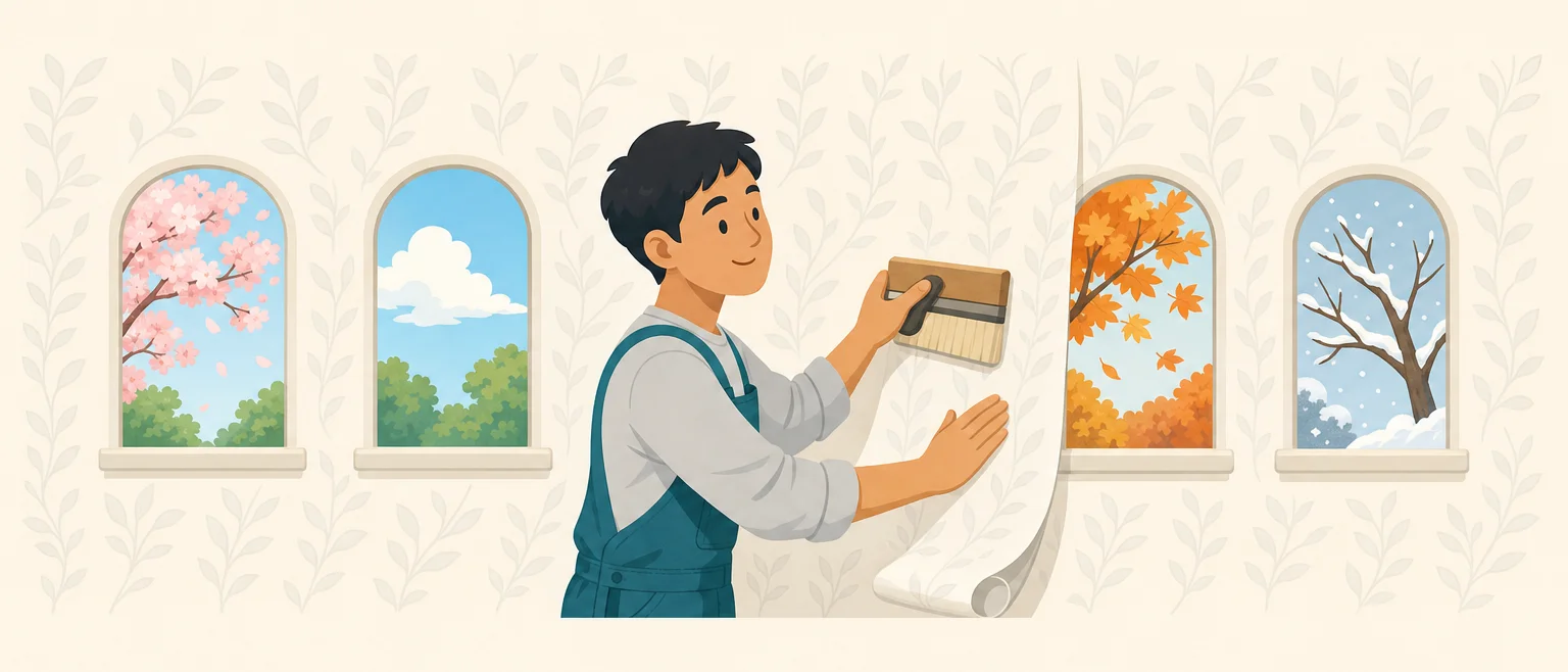 室内で壁紙を貼る職人と、四季を映した4つの窓を並べたイラスト。どの季節でも室内作業は変わらないことを表す