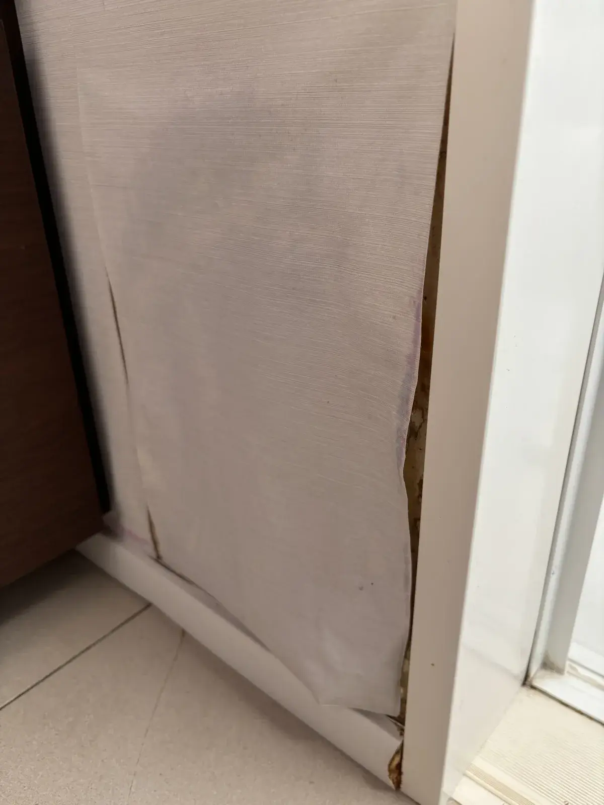 浴室ドア横の細い壁。壁紙が大きくめくれ、ドア枠側の端から茶色いシミがのぞいている