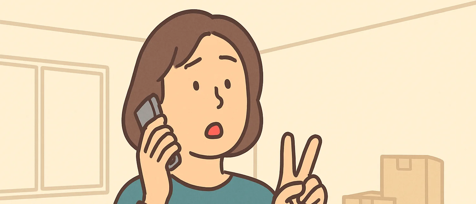 引っ越し前に電話で壁紙張り替えの部屋数を数えながら見積もりを聞く女性