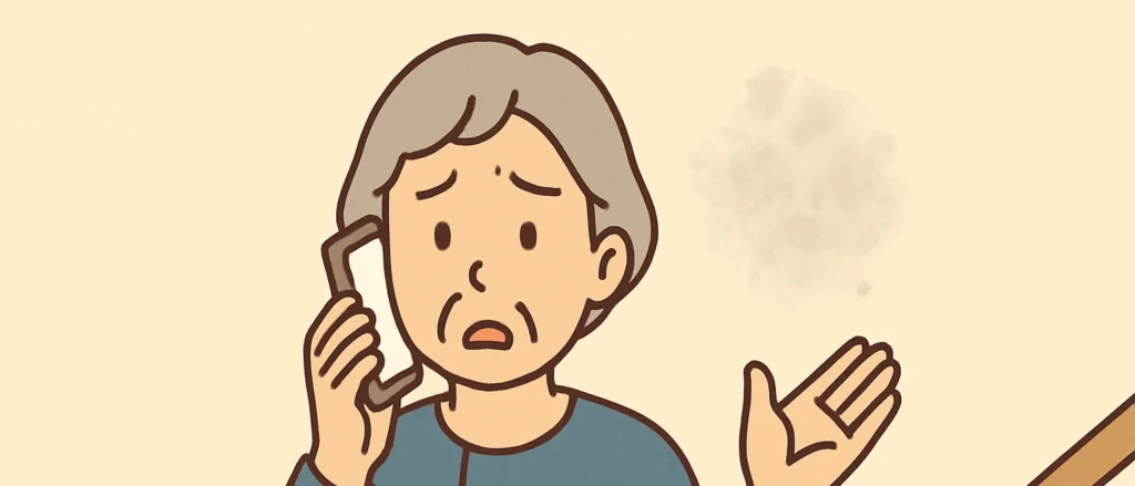階段の壁にできたカビについて電話で相談する高齢女性