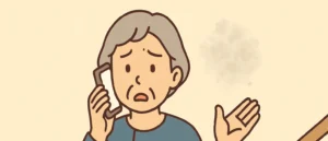 階段の壁にできたカビについて電話で相談する高齢女性