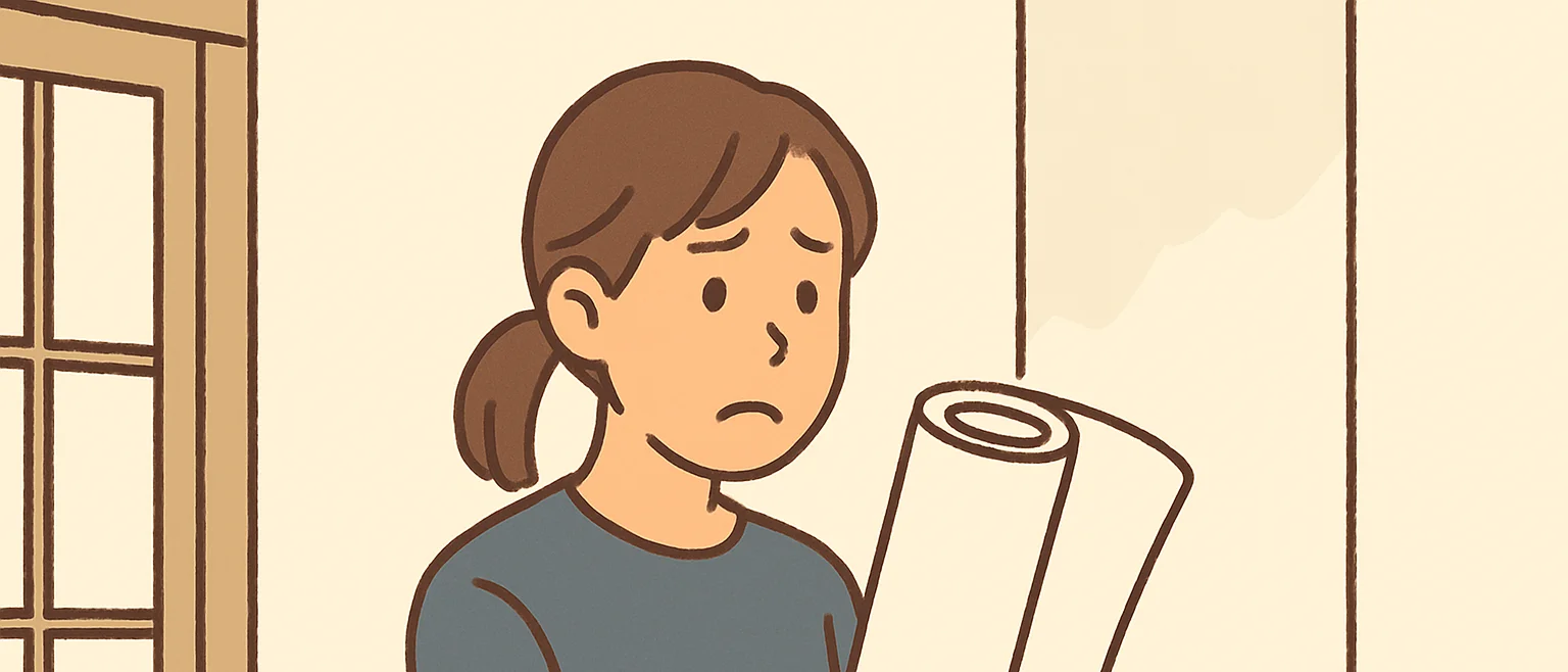 生糊付き壁紙をうまく貼れず困っている女性