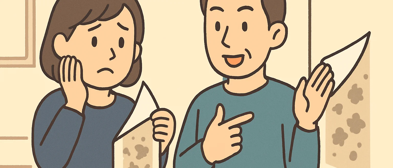 自分で壁紙を貼り剥がれた箇所にカビを見つけて困る女性と、自分で対応すると伝える男性