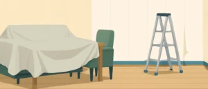 壁紙の張り替え途中のリビング。壁の一部に新しい壁紙が継ぎ目を見せて張られ、脚立が立ち、ソファには養生シートがかけられている