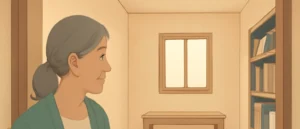 小さな部屋の入口から、窓と机と本棚のある室内を見渡す女性