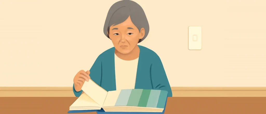 居間の机で壁紙の見本帳を開いて眺める、白髪の女性