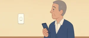 スマートフォンを手に、部屋の壁を見つめる白髪の男性