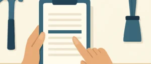 見積書の項目のひとつを指で示して確認しているイラスト