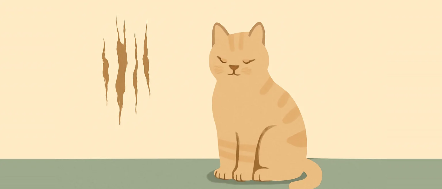 爪とぎで壁紙が破れた壁の前に、猫が静かに座っているイラスト
