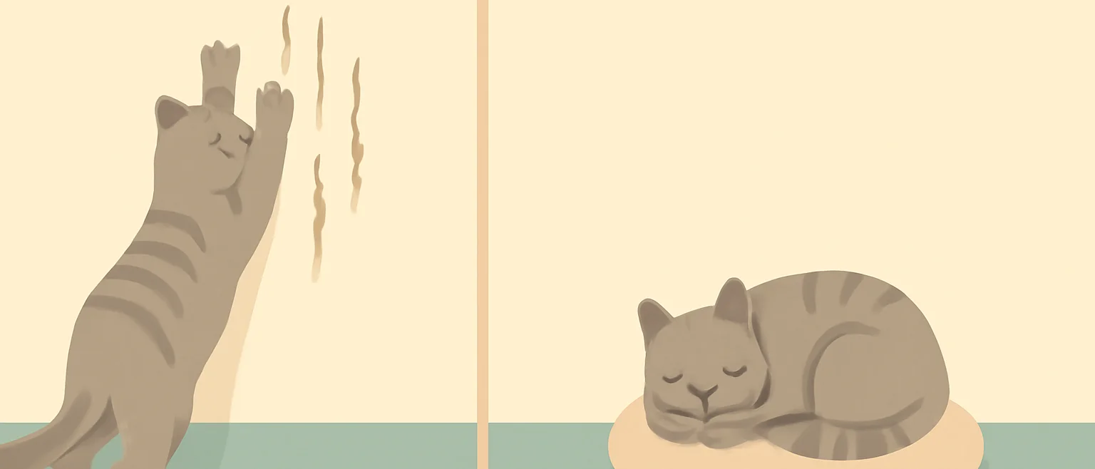 左は猫が壁で爪とぎをして傷がつき、右は猫がクッションで眠り壁がきれいなままの様子を比べたイラスト