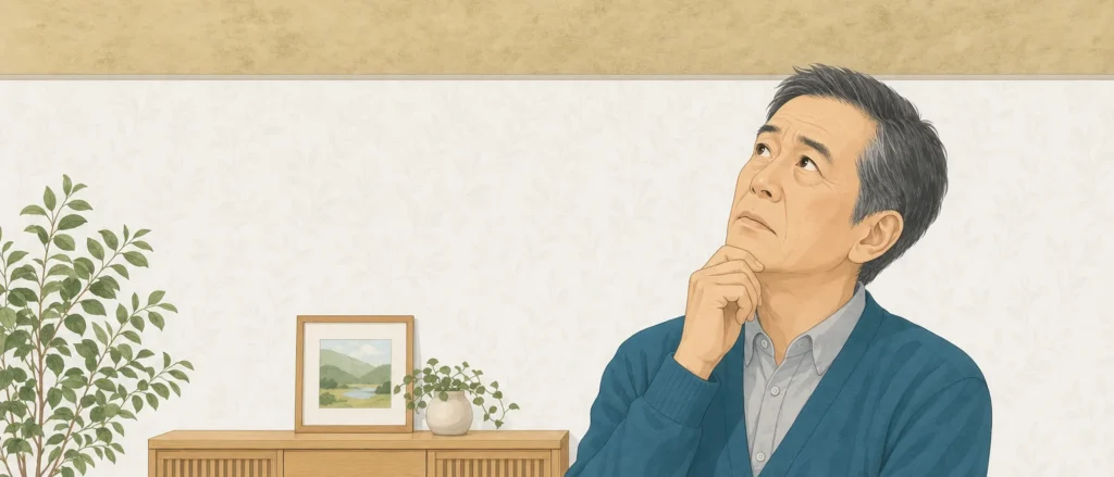 白い壁紙の壁の前で、黄ばんだ天井を見上げて張り替えを考える男性
