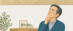 白い壁紙の壁の前で、黄ばんだ天井を見上げて張り替えを考える男性