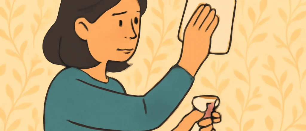 壁紙を中性洗剤とスプレーボトルで拭き掃除する女性のイラスト