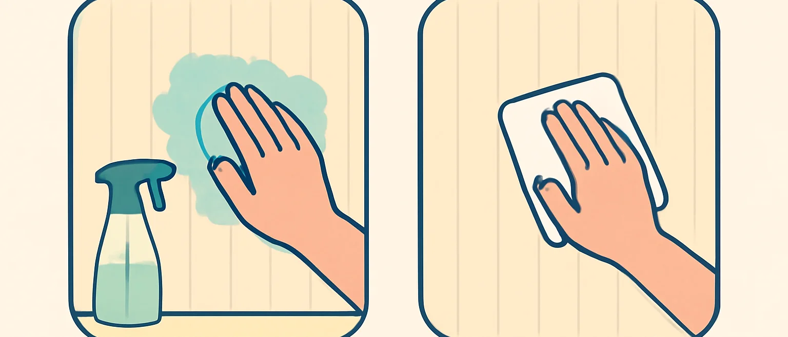 洗剤で拭いたあと乾いた布で仕上げ拭きする2ステップのイラスト