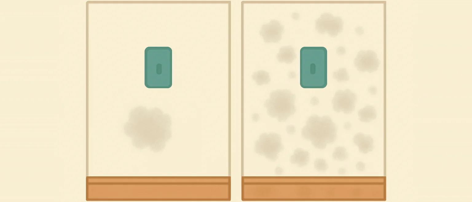 汚れが1箇所だけの壁と、壁全体に汚れが広がった壁を並べた比較イラスト