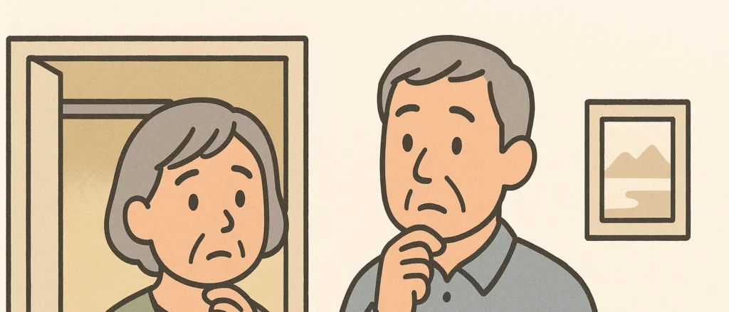 開いたクローゼットの前で、内側の古い壁と新しくなった居室の壁を見比べ、中も張り替えるか考える夫婦