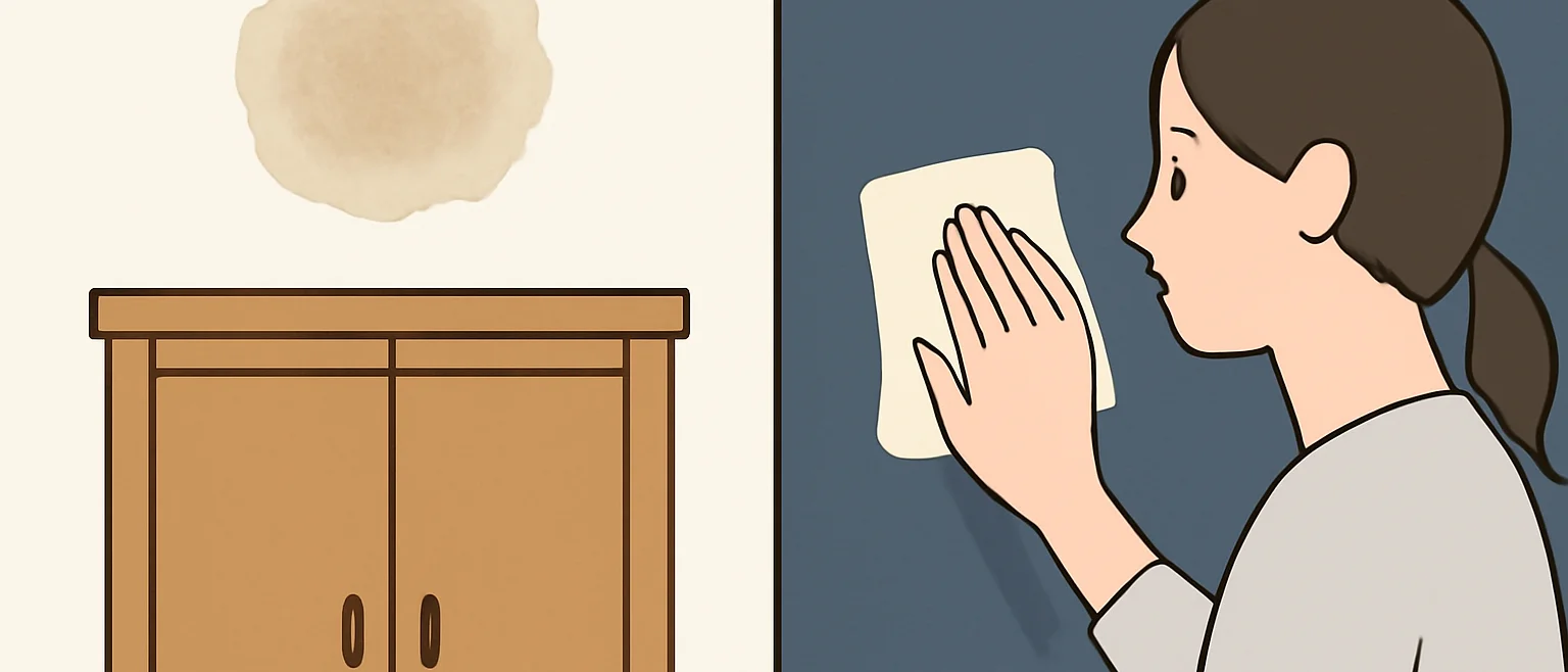 家具の上の壁にできた茶色いシミ(外からの色移り)と、濃色の壁を布で拭いて色が取れる様子(壁紙自体の色落ち)を対比したイラスト