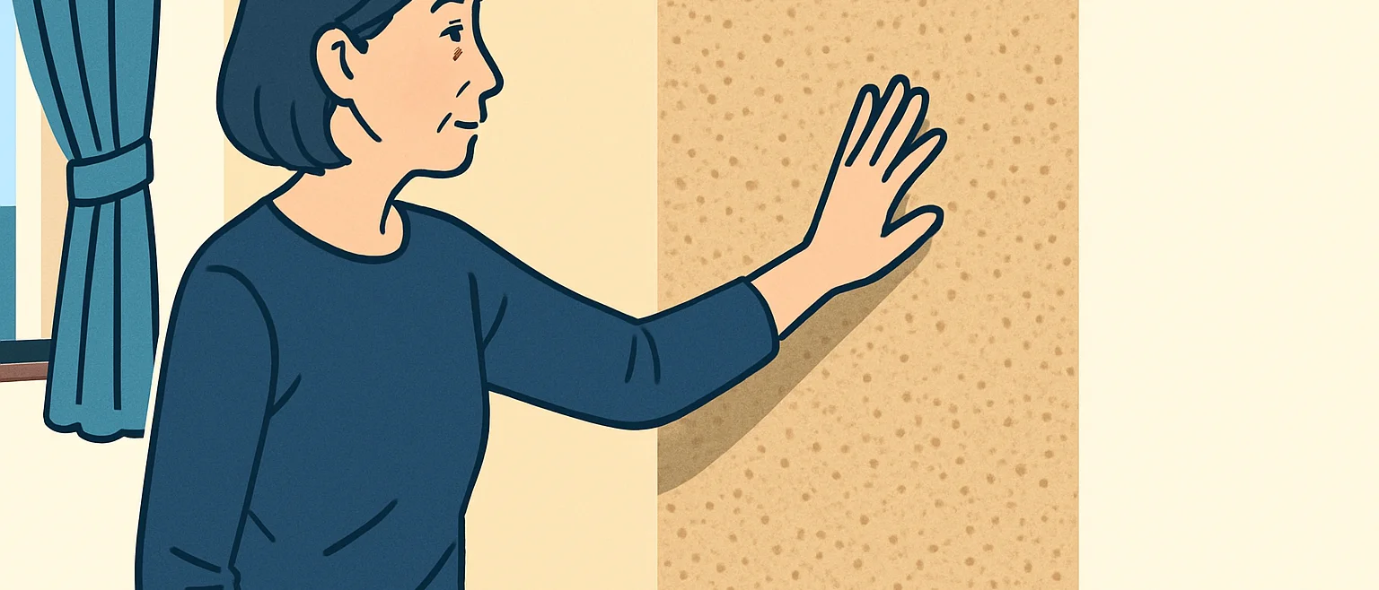 綿壁への壁紙張り替えで、女性が綿壁に手を触れて状態を確認している様子