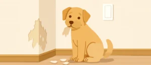 壁の角の壁紙が破れ、そのそばで破れた壁紙の切れ端をくわえて座る犬