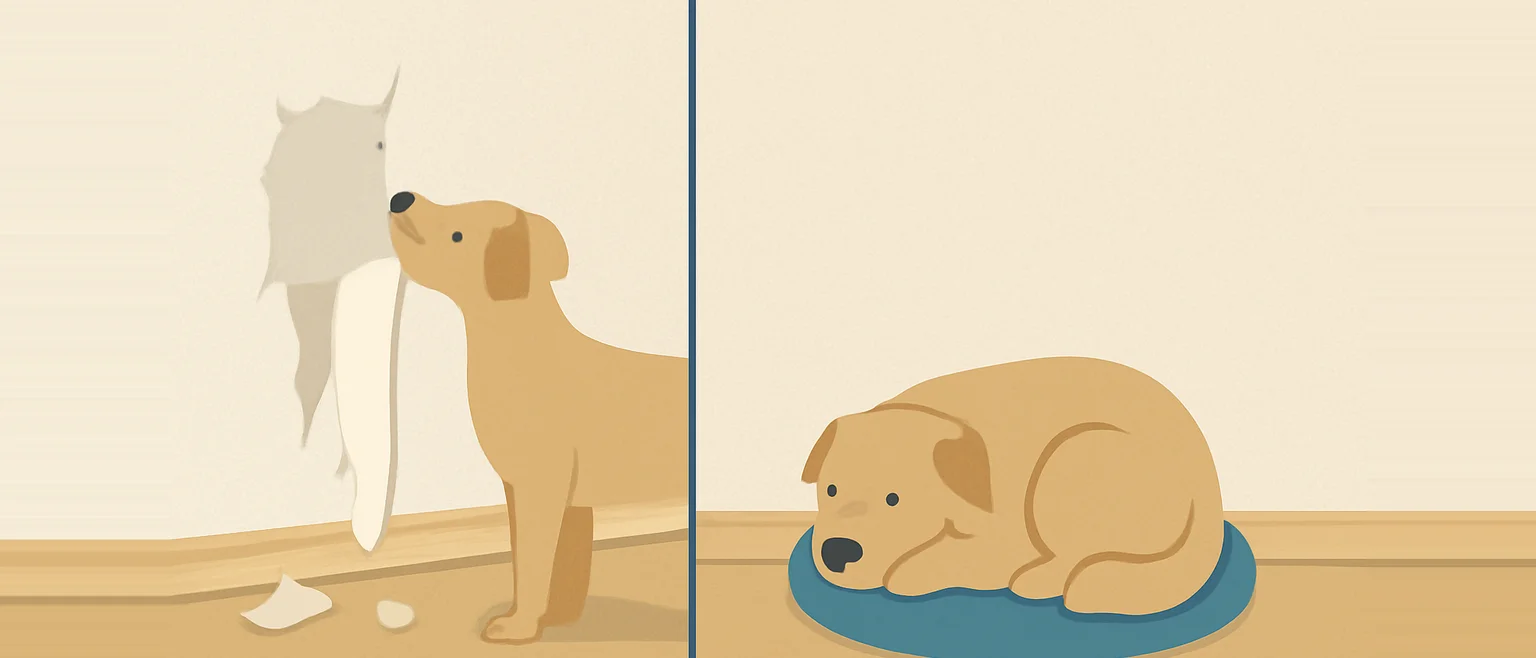 左は壁紙の破れた壁の前で垂れた壁紙に口を寄せる犬、右は無傷の壁の前でクッションに丸まって眠る犬