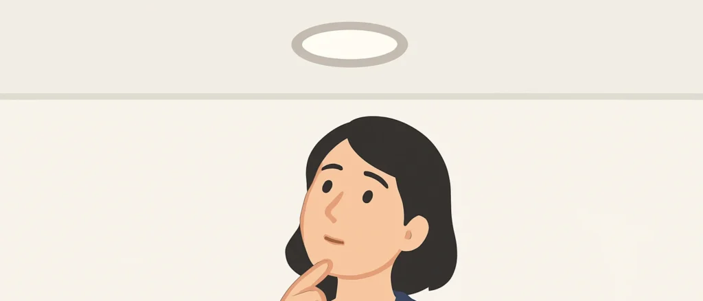 天井のダウンライトを見上げ、外すべきか思案する女性
