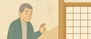 和室で古い土壁の前に立ち、崩れた壁面と天井際のシミを見て考える60代の男性のイラスト