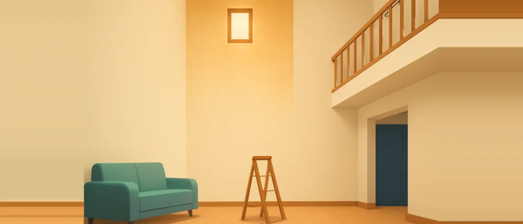 2階まで抜けたリビングの吹き抜けと、高い壁の上まではとても届かない家庭用の踏み台