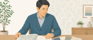 開いた壁紙の見本帳とサンプルを前に、どのグレードにするか考える男性