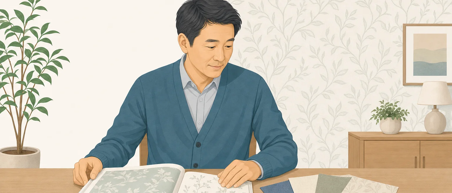 開いた壁紙の見本帳とサンプルを前に、どのグレードにするか考える男性