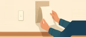 壁紙をめくると、下からビスで留められた石膏ボードが現れている様子