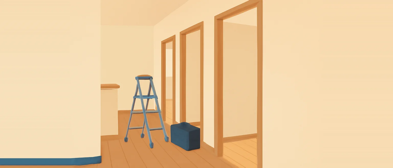 2階の廊下に開いたドアが3つ並び、脚立と道具箱が置かれた、家じゅうの部屋を続けて作業する様子