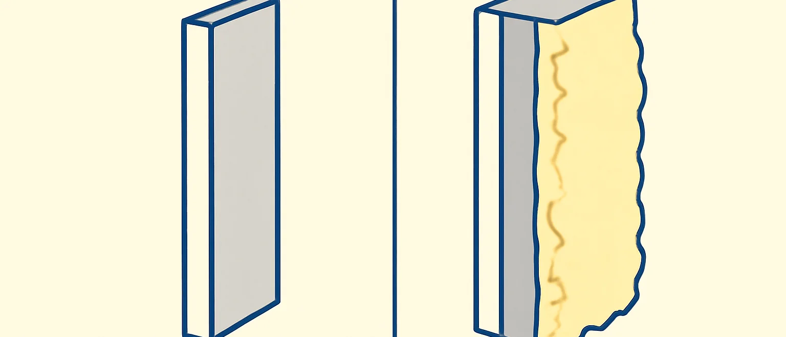 薄い断熱シートと厚い断熱材の断面を比較したイラスト