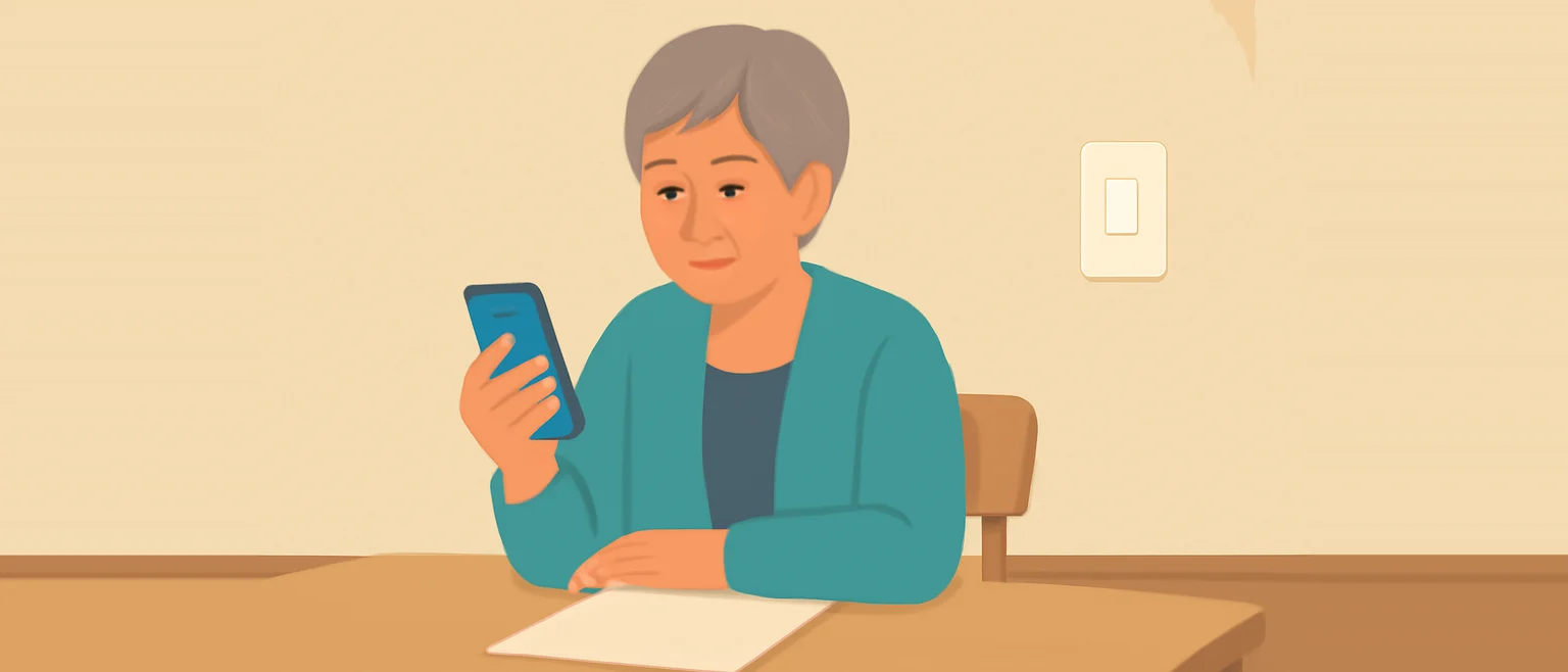 自宅のテーブルでスマートフォンを見ながら、使える制度を調べている女性