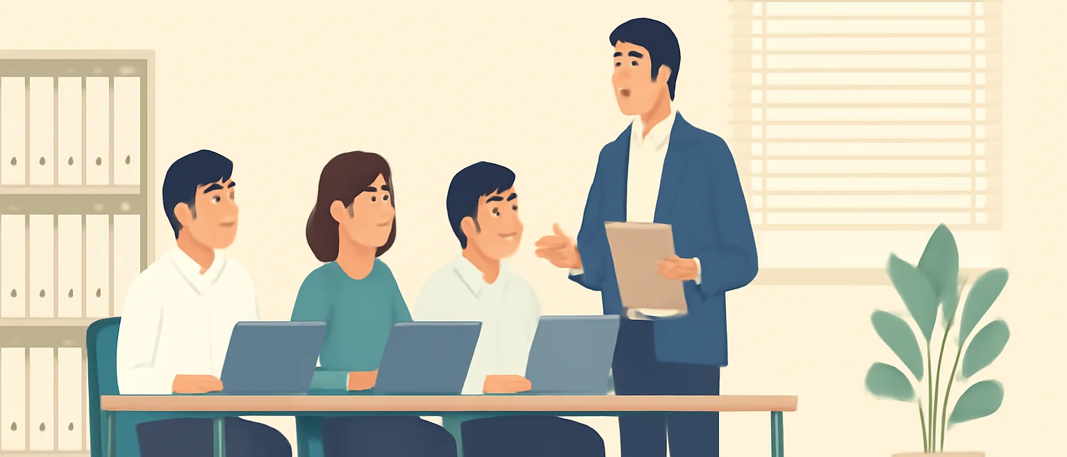会社のオフィスで、上司が従業員と話している様子