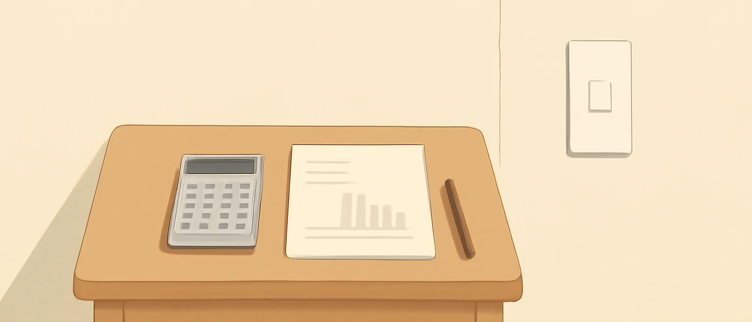 継ぎ目が開いた古い壁紙の前の机に、電卓と、右肩下がりの棒グラフを描いた紙が置かれている