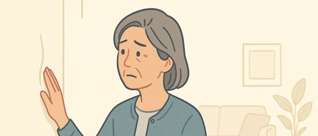 リビングの壁に浮いた壁紙に手を添え、自分で直すか業者に頼むか迷う女性