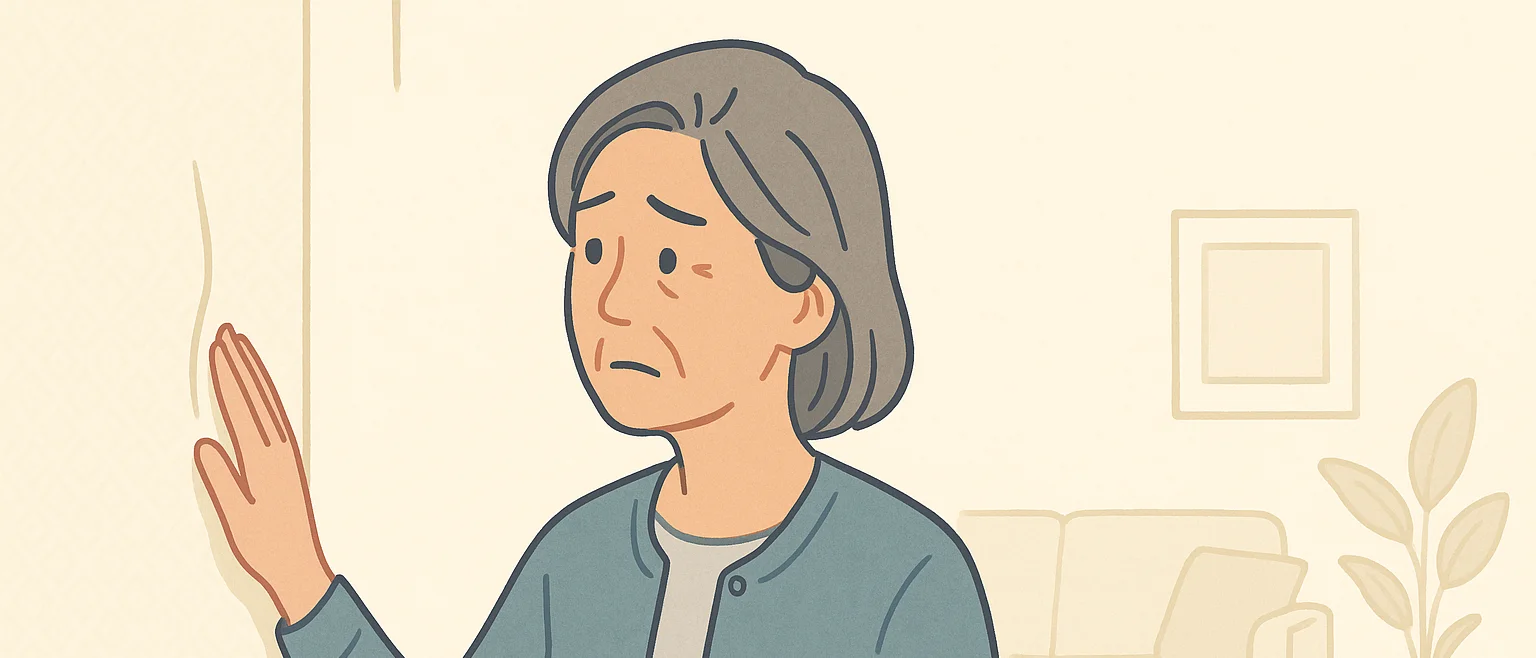 リビングの壁に浮いた壁紙に手を添え、自分で直すか業者に頼むか迷う女性