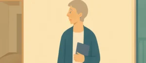 マンションのリビングで、ファイルを抱えた人物が壁を見回している